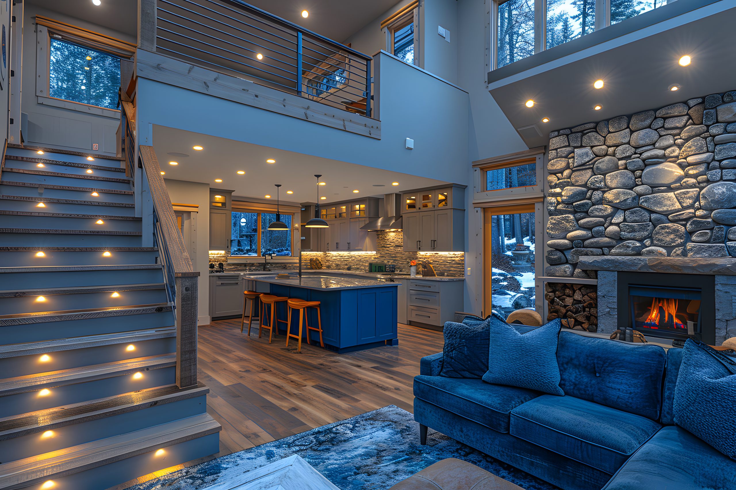 Cozy Modern Mountain Retreat Interior Design with Stone Fireplace and Open Living Space Generative AI